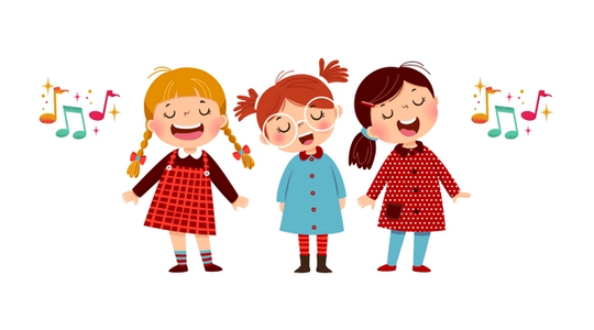 Illustrasjon av tre små barn som synger